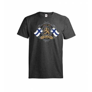Dark melange gray Golden Crowned Lion and Finnish flags T-shirt