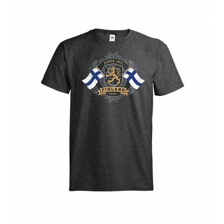 Dark melange gray Golden Crowned Lion and Finnish flags T-shirt