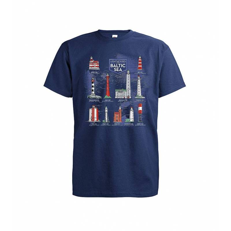 Tummansininen Baltic Sea Lighthouses T-paita