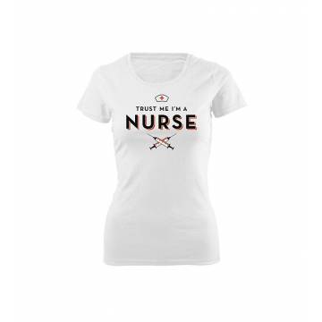 Valkoinen DC Trust me I´m a Nurse SLIM T-paita