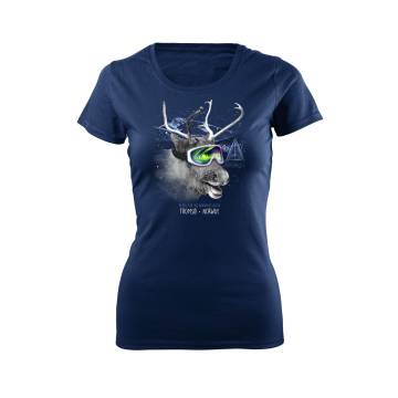 Tummansininen Reindeer, Aurora Borealis Tromsö SLIM T-paita